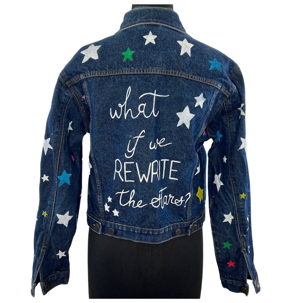 Helena Davis Blue Jean Jacket Rewrite Star Print Button Front Pockets Handmade M